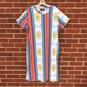 L&B womens tee shirt dress aztec western size large pockets blue gold red orange